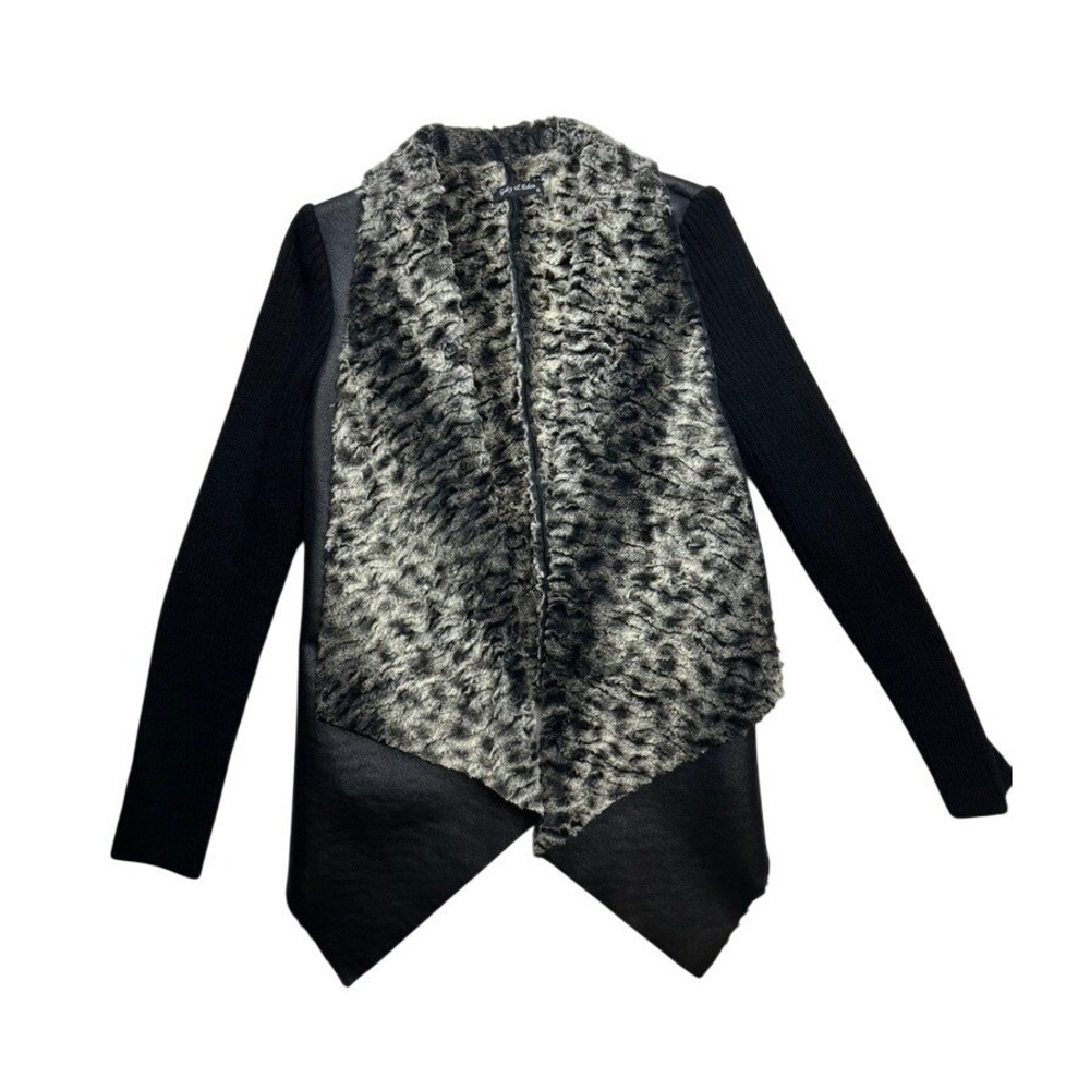 Gaby L Eden Womens Black‎ Faux Fur Leopard Print Cardigan Sweater Vest